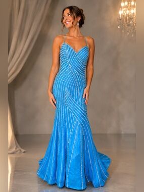 NWT Riva Designs Silk Turquoise Sequin Beaded Mermaid Prom Dress Size 14